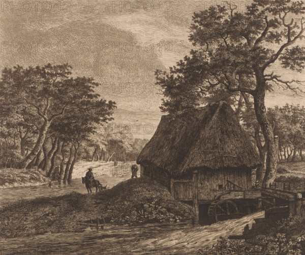 Landscape with watermill, print, printmaker: Jean Théodore Joseph Linnig, after design by Meindert Hobbema, 1872, paper, etching, intaglio printmaking technique, height 244 mm x width 281 mm, watermill in landscape, A sepia-toned etching showing a rural scene with tall, leafy trees lining a winding river, a thatched-roof building partially visible at the right foreground with a wooden wheel and water channel beside it, small figures near the water including a person on horseback and another figure standing on the riverbank, a distant path or clearing between the trees, dense crosshatched sky above, and detailed textures of tree trunks, foliage, and ground throughout.