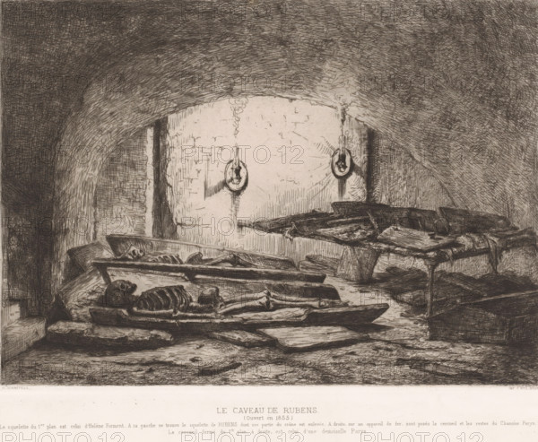 Rubens' burial vault with two skeletons in an open coffin, Le caveau de Rubens (ouvert en 1855), print, The front skeleton is Helena Fourment, the rear skeleton is Peter Paul Rubens. The closed coffin on the right is that of an unknown Parisian woman., printmaker: Henri François Schaefels, printer (person): F. Nys, Brussels, 1874, Henri François Schaefels, F. Nys, printmaker, printer (person), paper, chine collé, etching, intaglio printmaking technique, retroussage, plate tone and retroussage on chine collé, printed from two plates (text and image separately), height 192 mm x width 265 mm, A dim vaulted chamber rendered in monochrome with heavy crosshatching shows an arched ceiling and textured stone walls. Several open coffins and wooden planks rest on uneven flooring, some tilted and stacked. Exposed skeletal remains lay within the foreground coffin, including a skull and ribcage. Additional bones and fragments are visible in other coffins and on the floor. Two round metal rings hang...