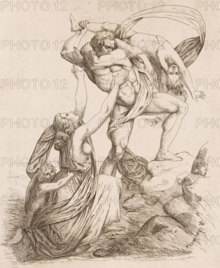 Achilles slams Astyanax against the rocks, print, printmaker: Heinrich Vianden, Germany (possibly), 1836, paper, etching, intaglio printmaking technique, height 263 mm x width 220 mm, Astyanax is snatched away from Andromache, Astyanax is hurled down from the battlements of Troy, A detailed line drawing of muscular figures engaged in a dramatic scene on rocky ground, showing a central bearded man lifting a limp, draped figure overhead while a woman kneels reaching toward them and a small child clings to her back; the figures wear flowing drapery with detailed folds, the standing man's muscles are heavily shaded, hair is rendered in curls and waves, and the composition includes textured rock formations and hatched background shading.