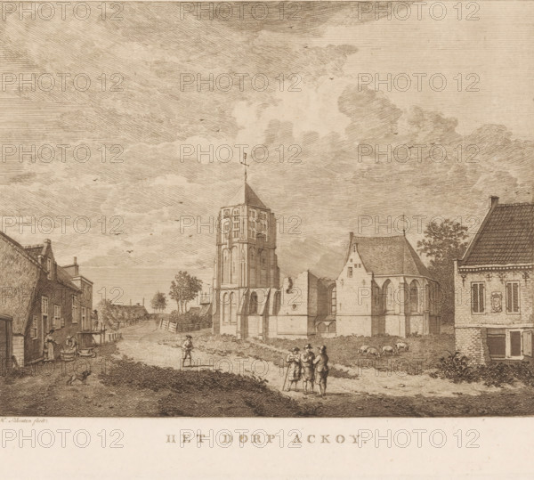 View of Acquoy, The village of Acquoy, print, Series number, 8, View of St. Catherine's Church in the village of Acquoy, with the nave collapsed due to a hurricane in 1674. Houses on the left and right. In the background, the Lingedijk. Numbered top right: 8., printmaker: Hermanus Petrus Schouten, 1757 - 1822, Hermanus Petrus Schouten, printmaker, paper, etching, intaglio printmaking technique, etching with plate tone, height 169 mm x width 20 mm, village street, ruin of church, monastery, Acquoy, A sepia-toned etching shows a village scene with a tall church tower at center surrounded by partial church ruins and adjacent buildings with steep roofs, chimneys, and detailed brickwork; a group of three figures stand in conversation near the foreground while a lone figure walks nearby and small animals graze in the grassy area; on the left a row of houses lines a street where a few people gather near tubs and a dog trots; trees and a low fence appear further back along the road; the sky is...