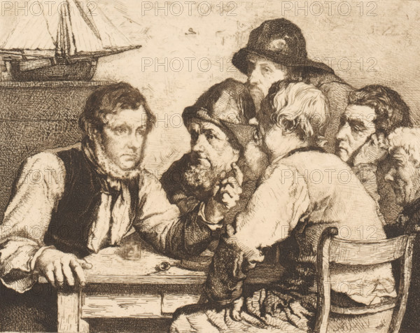 Sailors seated at a table listening to one of them, print, printmaker: Piet Verhaert, 1879, paper, etching, intaglio printmaking technique, retroussage, height 207 mm x width 260 mm, seaman, table, ship-model, story teller, listening to story teller, A detailed sepia-toned etching shows a group of people gathered closely around a wooden table. A man on the left leans on the table with a hand visible in the foreground and a small cup on the tabletop near him. Several men with varied facial hair and hats cluster toward the center, their faces drawn with fine lines and showing thoughtful or serious expressions. A man with a wide-brimmed hat and beard looks over the others from slightly behind, while an older man with lighter hair faces away slightly, revealing the back of his head and ear. On the right, a man with a furrowed brow sits near a wooden chair with a slatted back, and another face peeks from behind him. In the upper left corner a model sailboat rests on a surface, its mast and ...