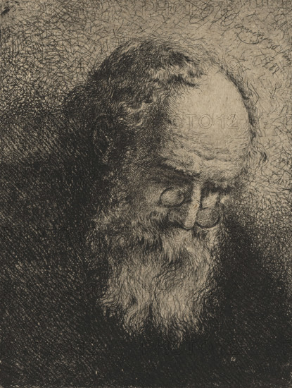 Portrait of an unknown old man with spectacles, print, printmaker: Willem Linnig (II), after design by Willem Jacob Herreyns, 1864, paper, etching, drypoint, intaglio printmaking technique, etching and drypoint with plate tone, height 161 mm x width 120 mm, old man, eyeglasses, spectacles, A close-up etching of an elderly man's head and upper face rendered in fine dark lines on a light textured background, showing a high forehead with sparse hair at the front, curly hair at the sides, deeply set eyes framed by heavy brows and pronounced eye sockets, a long flowing beard with individual hair strokes, and dense crosshatched shading around the head that creates a contrast between light and dark areas.