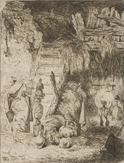 Farmer's wife in a barn walking up a staircase, print, printmaker: Willem Linnig (II), 1852 - 1889, Willem Linnig (II), printmaker, paper, etching, intaglio printmaking technique, letterpress printing, etching with plate tone, proof print with letterpress verso, height 158 mm x width 121 mm, farmers - AA - female farmer, farmer's wife, barn, A densely hatched black ink drawing on a light background shows a narrow vertical scene with textured rock and wooden beams at the top, cascading dark marks suggesting a waterfall or flowing material down the right side, and a shaded tunnel opening near the upper center. Below, figures with simple outlines move along a path; one figure seen from behind wears a cloak and steps forward, another smaller figure faces the viewer. In the lower middle foreground several rounded vessels and jugs lie clustered among tangled lines and curved shapes. To the right a person bends forward at the waist, shown from behind with legs visible. The left margin contain...