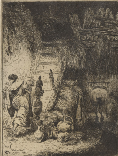 Farmer's wife in a barn walking up a staircase, print, printmaker: Willem Linnig (II), 1852 - 1889, Willem Linnig (II), printmaker, paper, etching, intaglio printmaking technique, height 158 mm x width 121 mm, farmers - AA - female farmer, farmer's wife, barn, A densely hatched etching shows a rustic scene with rough wooden beams and a dark shadowed area on the right where an animal's hindquarters and tail are visible in silhouette. On the left a woman with her hair tied back sits or bends near a stair or stepped path, and nearby a standing figure faces away. In the foreground a cluster of rounded pottery vessels and jugs lie on the ground among textured grasses and woven objects, while twisted ropes or cords and a carved post or finial rise near the center. The overall image is composed of tightly crosshatched lines creating heavy contrasts between the light left area and the darker right, with tangled vegetation and wood textures filling much of the scene.
