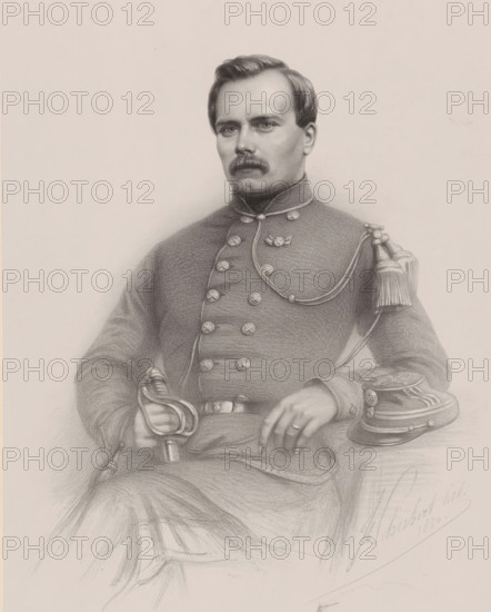 Portrait of an unknown man, print, printmaker: Joseph Schubert, printer (person): Simonau & Toovey, Brussels, 1862, printer (person), paper, chine collé, lithography, height 565 mm x width 438 mm, historical persons, adult man, (military) uniforms, mustache, A detailed pencil portrait of a seated man in a double-breasted military-style uniform with decorative buttons and braided cords, showing a high collar and an epaulette with tassels on one shoulder; he has short, neatly combed hair and a mustache, and his expression is neutral while he rests one hand on a sword hilt and the other on a flat surface beside a peaked cap with ornamental trim; shading defines folds in the fabric and the contours of his face, and the background is plain.