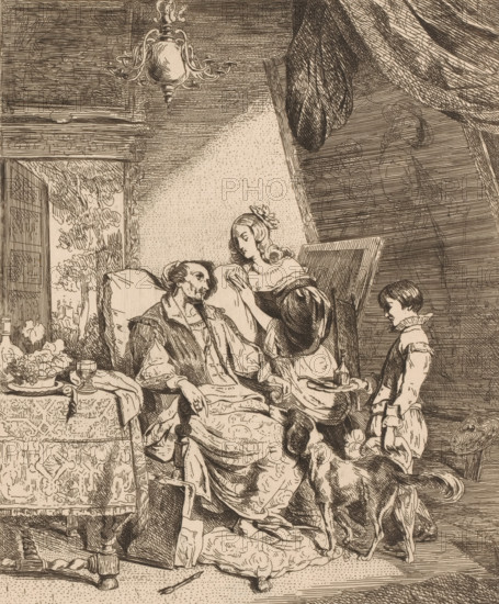 Anthony van Dyck on his deathbed, print, Van Dyck sits in a large chair by a table surrounded by a woman, a boy with a tray of medicines, and a dog., printmaker: Emanuel Noterman, after painting by Pierre Kremer, 1818 - 1863, paper, etching, intaglio printmaking technique, etching with plate tone, height 266 mm x width 201 mm, Person, Anthony van Dyck, deathbed, interior, representation of a building, medicament, medicine, An ink drawing showing an interior scene with a seated man resting against cushions, a woman leaning toward him with one hand raised near his face, and a standing child holding a tray; a table covered with a patterned cloth holds a bowl of fruit and a goblet, a dog stands near the seated man's legs, a large draped canopy and heavy curtain hang above, a decorative chandelier is visible near the ceiling, and a window opening reveals trees outside.