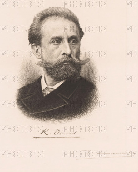 K. Ooms, Portrait of Karel Ooms, print, workshop stamp: 'Antwerpsche Etsers 1880', printmaker: Frans Lauwers (signed by artist), 1864 - 1889, paper, etching, drypoint, height 242 mm x width 178 mm, Person, Karel Ooms, portrait, self-portrait of painter, A sepia-toned portrait drawing of a man shown from the shoulders up facing slightly to the viewer's right, with neatly combed hair, prominent eyebrows, deep-set eyes, a full mustache curled at the ends, and a thick beard; he wears a dark coat with a visible lapel and a high-collared shirt beneath, and there are fine crosshatching and shading lines throughout the face, hair, and clothing on a plain light background.