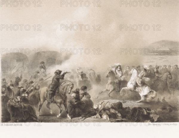 Captain Ossenbroek wounds Condé with a pistol shot, The Two Pistol Shots, print, book illustration, Captain Ossenbroek wounds Condé with a pistol shot while crossing the Rhine in 1672. On the left, Ossenbroek sits on horseback with a pistol, surrounded by soldiers. On the right, Condé and French cavalrymen. In the background, the Rhine., printmaker: Charles Rochussen, printer (person): Royal Dutch Lithographic Printing House of CW Mieling, The Hague, in or before 1848, printer (person), paper, tone lithography, tone lithography in black with tone block in beige, height 314 mm x width 465 mm, A sepia-toned scene filled with mounted soldiers and footmen in period clothing engaged in a chaotic encounter, with many figures clustered and gesturing amid clouds of smoke; horses rear and move through the crowd, some riders pointing or wielding long weapons while others appear to ride toward or away from the center; several fallen figures lie on the ground in the foreground, and groups of stand...