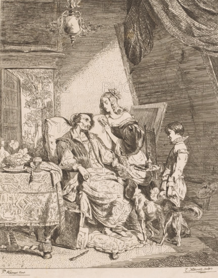 Anthony van Dyck on his deathbed, print, Van Dyck sits in a large chair by a table surrounded by a woman, a boy with a tray of medicines, and a dog., printmaker: Emanuel Noterman, after painting by Pierre Kremer, 1818 - 1863, paper, etching, intaglio printmaking technique, etching with plate tone, height 267 mm x width 215 mm, Person, Anthony van Dyck, deathbed, interior, representation of a building, medicament, medicine, A sepia-toned ink drawing shows an interior scene with a seated man resting in a cushioned chair, wearing layered clothing and a cloak, gazing toward a woman who leans close to him with one hand near his face and the other holding a small tray; the woman wears a dress with puffed sleeves and a ribbon in her hair. A young boy stands to the right holding a cup on a small platter, looking toward the seated man. A dog stands facing the seated man and woman with its head raised. To the left a table covered with a patterned cloth holds a bowl of fruit, a goblet, and other ...