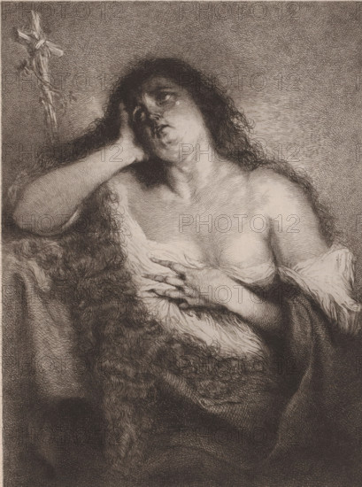 Penitent Mary Magdalene, print, printmaker: Frédérique Émile Auguste O'Connell-Miethe, after design by Frédérique Émile Auguste O'Connell-Miethe, 1833 - 1885, Frédérique Émile Auguste O'Connell-Miethe, printmaker, paper, chine collé, etching, intaglio printmaking technique, height 258 mm x width 188 mm, the penitent harlot Mary Magdalene, possible attributes: book (or scroll), crown, crown of thorns, crucifix, jar of ointment, mirror, musical instrument, palm-branch, rosary, scourge - portrait of female saint, A monochromatic etched image of a woman shown from the waist up with long curly hair cascading over her shoulder and arm, her head tilted back and resting against one hand while the other hand touches her chest, her eyes gazing upward and her mouth slightly open, a loosely draped garment falling from one shoulder to reveal part of her chest, textured shading and fine crosshatching throughout the background and figure, and a simple wooden cross entwined with a vine visible near th...