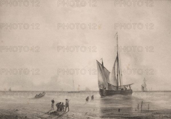 Ship at anchor at sunrise, Le lever du soleil, print, printmaker: Théodore Gudin, publisher: Henri Jeannin, Paris, c. 1847, paper, lithography, height 273 mm x width 354 mm, beach, ships (in general), sunrise, A large sketch in muted tones shows a calm seascape with a prominent sailing vessel near the shore, its tall mast and furled sails rendered with fine lines. Smaller boats appear farther out on the water. On the shoreline several figures are engaged in activity, some bent over near a small boat or net and others wading in shallow water. The horizon is low and distant, and the sky above is softly shaded with subtle variations in tone. The scene is composed with delicate pencil or charcoal strokes and a quiet, expansive atmosphere.
