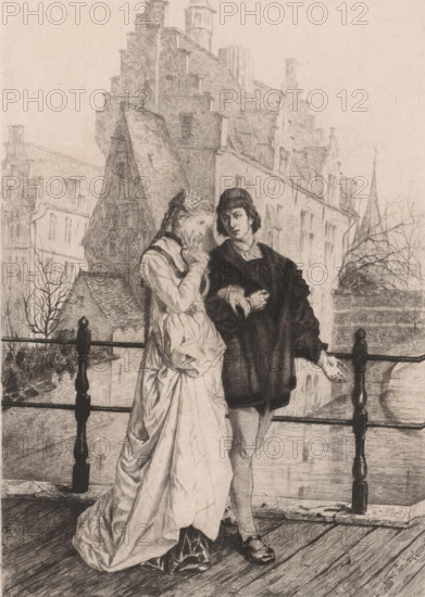 Young couple walks arm in arm across a bridge, print, The couple is wearing medieval-style clothing. Houses with stepped gables in the background., printmaker: Willem Geets, printer (person): F. Nys, 1875, printer (person), paper, chine collé, etching, intaglio printmaking technique, etching with plate tone on chine collé, height 277 mm x width 197 mm, city-view in general, 'veduta', couple of lovers, bridge, A monochrome etching shows a young man and woman standing close together on a wooden bridge or balcony with a railing in front of them; the woman wears a long flowing dress with a fitted bodice and a patterned head covering, her hand raised near her face as she looks downward, while the man beside her wears a dark cloak or robe over lighter garments and a rounded cap, one hand resting on the railing and the other held near his chest; behind them rise tall, steeply gabled buildings with many windows and chimneys, and a spire is visible in the distance, with leafless tree branches a...