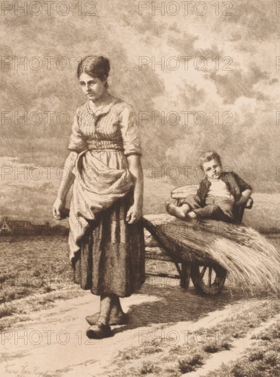 Woman walking across the field with a wheelbarrow of hay and a child, print, mark: 'Antwerpsche Etsers 1880', printmaker: Frans Van Kuyck, 1882, paper, etching, intaglio printmaking technique, etching with plate tone, height 321 mm x width 240 mm, mother and baby or young child, wheelbarrow, agricultural products and by-products: hay, A monochrome drawing shows a woman standing in the foreground wearing a simple dress with rolled sleeves and an apron, her hair pulled back, looking downward with a solemn expression; she stands beside a wooden wheelbarrow that holds a young child reclining with a relaxed posture, short hair, and clothing including a jacket and trousers, the child resting one leg over the side of the wheelbarrow; the scene includes a textured sky with cloud formations and a flat, grassy landscape extending to a distant low horizon; foreground ground shows a dirt path and patches of grass, and the wheel and handles of the wheelbarrow are rendered with visible wood grain an...