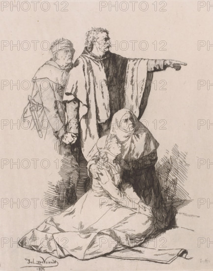 Two men, one pointing, standing behind two women seated on the ground, print, printmaker: Juliaan de Vriendt, printer (person): François Nys, 1876, printer (person), paper, chine collé, etching, retroussage, height 230 mm x width 187 mm, This print appeared in: Album du journal des Beaux-Arts, dix eaux-fortes inédites. Brussels, Paris and Leipzig: Sn, 1876. Titled on the front page of the publication: Justice de Baudouin à la Hache. The scene is a detail from a painting by Juliaan de Vriendt in which Baldwin VII of Flanders condemns a nobleman., old woman, adolescent, young woman, maiden, adult man (two persons), index finger forwards, pointing, indicating, the accused, A monochrome ink drawing shows four figures clustered together on a pale textured background. A standing man in a long, draped garment faces right with one arm extended and a pointed finger, his profile rendered with short hair and a mustache. Behind him stands another figure wearing a headband and cloak, visible from t...