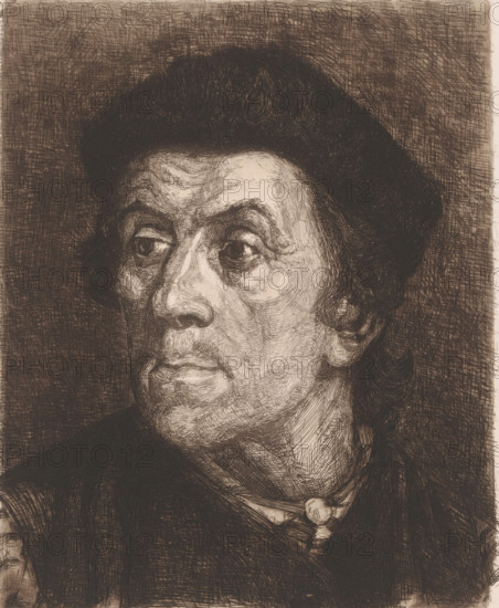 Portrait of an unknown man, print, printmaker: Henriëtte de Vries (signed by artist), Netherlands, 1877 - 1890, paper, chine collé, etching, intaglio printmaking technique, height 241 mm x width 194 mm, historical persons not known by name, head gear: cap (men's clothes), A close-up etching of a person's face turned slightly to the side showing a strong nose, pronounced cheekbones, and full lips, with deep-set eyes looking outward and heavy brows; the hair is dark, thick, and curled around the forehead and ears, and the skin is rendered with dense cross-hatched lines and textured shading; the neck and collar area show folds and a knot-like accessory at the throat, while the background is filled with tight, dark, crisscrossed hatch marks.