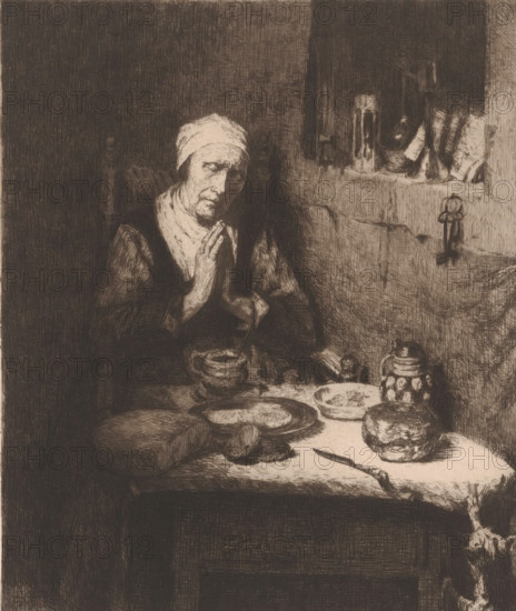 Old woman in prayer, print, inscription: 'Ongen. 893-894', printmaker: Henriëtte de Vries, Netherlands, after painting by Nicolaes Maes, 1877 - 1890, paper, chine collé, etching, intaglio printmaking technique, height 249 mm x width 196 mm, old woman, evening meal, dinner, supper, prayer at table, saying grace, An elderly person wearing a headscarf and layered clothing sits at a table with hands held together near the face, looking downward; on the table there are various bowls and plates, a cup with a spoon, a round loaf of bread, and a knife resting on a cloth-covered surface; behind the person a simple chair back is visible and a stone ledge or windowsill holds a tall candle, containers and utensils arranged against a rough textured wall; a small set of keys hangs on the wall near the ledge.