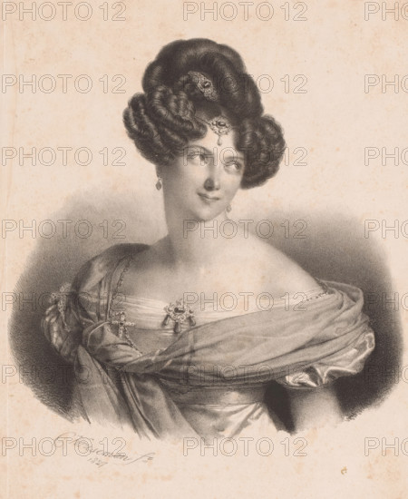 Portrait of Henriette Sontag, print, The sitter wears jewelry in her hair, on her forehead, and attached to her dress., printmaker: Cornelis Kruseman, 1827, paper, lithography, height 265 mm x width 215 mm, historical persons - BB - woman ((full) bust portrait), A charcoal or graphite portrait of a woman from the shoulders up, shown with a smooth, light-toned complexion and a slight three-quarter turn of her face, dark eyes looking to the side and a small, composed smile; her hair is dark, voluminous, and styled in rounded, glossy rolls with decorative jeweled ornaments set into the coiffure and a pendant drop at the center of her forehead, and she wears matching drop earrings; she is draped in an off-the-shoulder gown with soft, folded fabric and a richly textured shawl or wrap across her chest fastened with an ornate brooch, the shading creating depth and a softly darkened vignette around her.