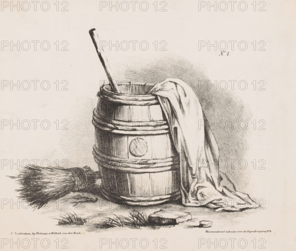 Wooden barrel with broom and cloth, Landscapes as examples for young artists, print, Series number, 1, Numbered top right: No. 1. This print is part of a cover with thirteen prints., printmaker: Cornelis de Kruyff, Amsterdam, printer (person): Portman & Willink van den Bosch, 1809 - 1854, printer (person), paper, lithography, height 205 mm x width 245 mm, wooden container: barrel, cask, bucket, (household) utensils and implements (with NAME), A charcoal drawing shows a wooden bucket with horizontal bands and a circular mark on its side, a long stick protruding from its open top, and a cloth draped over the rim and cascading down one side; beside the bucket lies a bundle of straw tied at one end, patches of grass and small stones on the ground, and shaded background strokes around the objects.