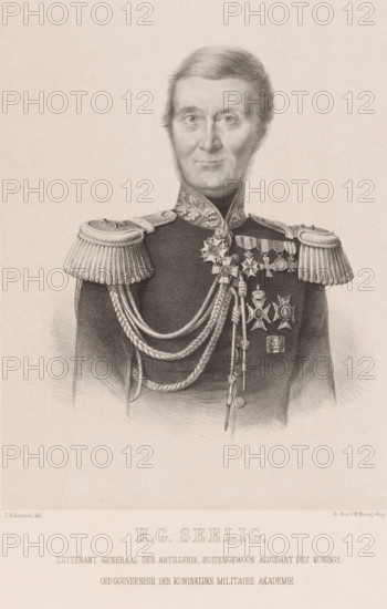 HG Seelig, Lieutenant General of the Artillery, extraordinary adjutant to the king, Portrait of Hendrik Gerard Seelig, print, printmaker: Izaak Schouman, printer (person): Royal Dutch Steendrukkerij van CW Mieling, The Hague, 1852 - 1865, Royal Dutch Lithography of CW Mieling, printer (person), paper, chine collé, lithography, lithography on chine collé, height 461 mm x width 340 mm, Person, Hendrik Gerard Seelig, historical persons, A monochrome portrait drawing of a man shown from the chest up wearing a dark military uniform with ornate epaulettes and braided cords draped across his chest, his uniform decorated with multiple star-shaped and cross-shaped medals and a sash-like cord with attached tassels, the man has short hair combed back, sideburns, and a composed facial expression, and the background is plain and light.