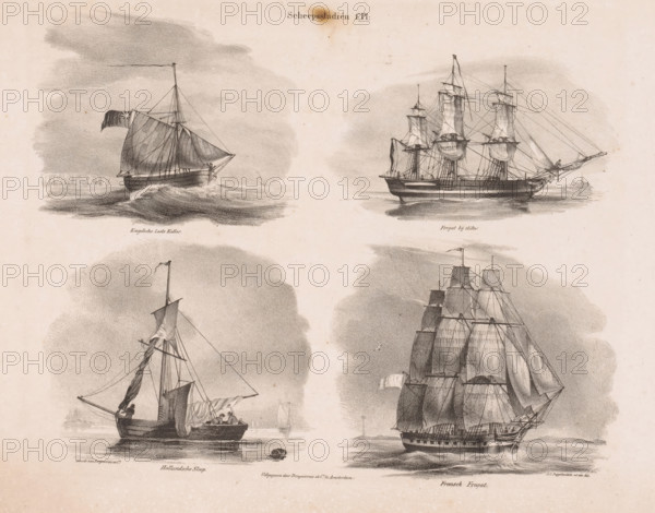 English Pilot Cutter, Frigate in calm, Dutch Sloop, French Frigate, Four ships, Ship studies, print, album page, Series number, 1, 4, Part of a print album with a series of four lithographs of ships., printmaker: Johannes Cornelis van Pappelendam, printer (person): Desguerrois & Co., Amsterdam, 1827 - 1884, paper, lithography, lithografie, height 249 mm x width 360 mm, ships (in general), Four pencil-style ship illustrations arranged in a grid on aged paper, each showing a sailing vessel on calm water with shaded cloud-like backgrounds. The top left shows a small single-masted boat with a large furled sail and a flag at the masthead, waves lapping at the hull. The top right depicts a larger three-masted ship with full rigging and spars, sails partially set and a figure near the bowsprit. The bottom left features a small open boat with a single mast and a few figures on board, sails and ropes visible. The bottom right presents a tall multi-masted ship with many square sails and detailed...