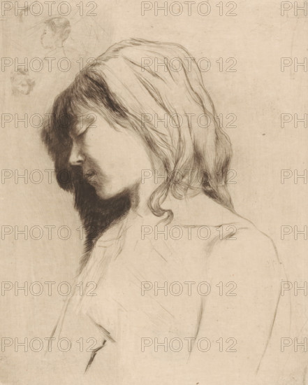 Profil de jeune fille (original title), Young girl with closed eyes, in profile, print, Top left two sketches of boys' heads., printmaker: Philip Zilcken (signed by artist), 1867 - 1890, Philip Zilcken, printmaker, paper, drypoint, intaglio printmaking technique, drypoint on zinc, with plate tone, height 198 mm x width 160 mm, girl (child between toddler and youth), A pencil or charcoal sketch of a woman in profile with her head slightly bowed and eyes closed, her hair falling forward and partially covering her face and neck, with loose, flowing lines suggesting a headscarf or draped cloth over her hair; the shading on her face and hair is darker and more detailed than the rest of the figure, while the shoulders and torso are lightly sketched with faint outlines; in the upper left corner there are two small, lightly drawn head studies.
