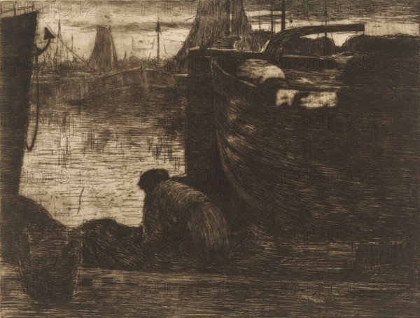 At the quay (original title), Man at the quay of a harbor, print, printmaker: Willem de Zwart (signed by artist), c. 1886, paper, etching, drypoint, intaglio printmaking technique, height 172 mm x width 218 mm, Print appeared in 1887 as part of the annual publication of the 'Portefeuille der Nederlandsche Etsclub'., harbor, pier, quay, wharf, A monochrome etching showing a waterfront scene with a large boat occupying the right side, its curved hull and deck rendered in dense crosshatching, and a smaller boat in the left foreground. A cloaked figure leans forward near the water at the center foreground, shown from behind. In the background there are masts and sails of other vessels along a distant shoreline and a horizontal structure or bridge arching above the water. The water surface is depicted with horizontal and vertical etched lines, and the overall image has a textured, scratched appearance.