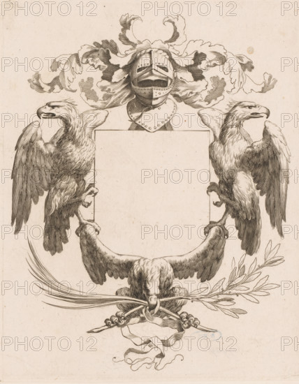 Coat of arms of the Marillac family, print, watermark, printmaker: Claude Mellan, 1608 - 1688, paper, engraving, height 229 mm x width 185 mm, Print mounted on album page., armorial bearing, heraldry, A detailed pen-and-ink heraldic design showing a central blank shield topped by a closed helmet with decorative mantling, two facing eagles perched on either side of the shield with wings partially raised, a large spread wing or crest beneath the shield, and a bundle of crossed branches and flowing ribbons tied beneath, all rendered in fine hatching on aged paper.
