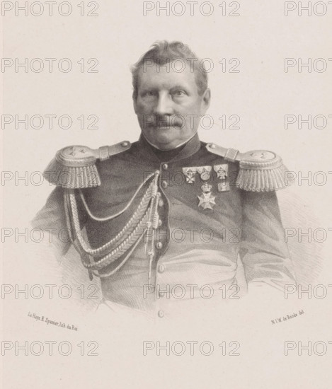 Portrait of Jan van Swieten, print, printmaker: Nicolaas Johannes Wilhelmus de Roode, printer (person): Elias Spanier, The Hague, publisher: Gualtherus Kolff, Leiden, 1874, printer (person), paper, chine collé, lithography, lithography on chine collé, height 440 mm x width 306 mm, Person, Jan van Swieten, historical persons, A monochrome portrait drawing of a man shown from the waist up wearing a formal military uniform with ornate shoulder epaulettes and braided cords across his chest, his face centered with short hair and a mustache, his expression neutral, several medals pinned to his left chest, buttons down the front of his coat, and a plain light background.
