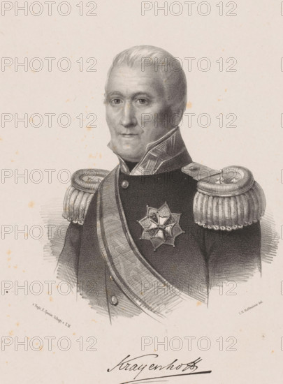 Portrait of Cornelius Rudolphus Theodorus Krayenhoff, print, Below the portrait the signature of the sitter., printmaker: Johan Hendrik Hoffmeister, Netherlands, printer (person): Koninklijke Steendrukkerij van E. Spanier, The Hague, c. 1851 - c. 1883, printer (person), paper, chine collé, lithography, lithography on chine collé, height 535 mm x width 365 mm, Person, Cornelis Rudolphus Theodorus Krayenhoff, historical persons ((full) bust portrait), A monochrome portrait of a man shown from the chest up wearing a dark military uniform with ornate shoulder epaulettes and a high collar, a sash crossing his chest, and a decorative star-shaped medal pinned to his chest; he has short, slicked-back hair, a serious facial expression with visible eyes, nose, and mouth, and shading and fine line work create texture on his face, uniform, and epaulettes against a plain, lightly speckled background.