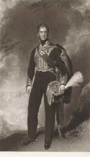 Portrait of Henry William Paget, The Marquess of Anglesey, print, printmaker: John Richardson Jackson, after painting by Thomas Lawrence, publisher: Henry Graves & Co., 1845, paper, mezzotint, proof, height 405 mm x width 257 mm, Person, Henry Paget (1st Marquess of Anglesey), historical persons, commander-in-chief, general, marshal, official, civil servant, A full-length portrait of a man standing against a cloudy background wearing a dark formal uniform with ornate embroidery and a sash across his chest, a decorated collar and medals at his throat, tight dark trousers and polished shoes, a richly trimmed cloak draped over one shoulder, and holding a plumed hat with fur trim and hanging tassels in one hand, his hair styled in short curls and his expression neutral.