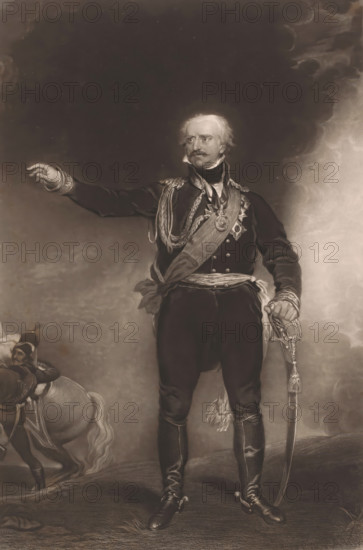 Prince Blucher, Portrait of Gebhard Leberecht von Blücher, print, printmaker: Charles Edward Wagstaff, after painting by Thomas Lawrence, publisher: Hodgson & Graves, London, 1839, paper, mezzotint, etching, mezzotint and etching, height 409 mm x width 278 mm, Person, Gebhard Leberecht von Blücher von Wahlstatt, historical persons, commander-in-chief, general, marshal, A monochrome portrait of a man standing in a military uniform, shown full length, with one arm extended outward and the other hand resting on the hilt of a sword; he has light hair and a mustache, a high collar, decorative braiding and tassels across his chest, a sash draped diagonally, and several ornate medals pinned to his jacket; he wears fitted trousers tucked into tall boots and stands on textured ground, while a horse and a partially visible rider appear in the lower left background and a cloudy sky fills the upper background.