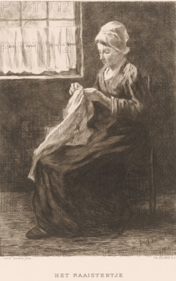 The Little Seamstress, print, printmaker: Philip Zilcken, after painting by Jozef Israëls, printer (person): Joseph Bouwens, Brussels, c. 1880 - 1890, printer (person), paper, chine collé, etching, drypoint, intaglio printmaking technique, etching and drypoint, with plate tone, on chine collé, height 227 mm x width 173 mm, adult woman, sewing, A monochrome drawing of a seated woman wearing a headscarf and a long dress, holding and working on a piece of fabric in her hands, positioned near a window with a curtained lower pane; the woman is shown in profile with a calm facial expression, light from the window illuminating her face and hands, the chair partially visible behind her, textured shading filling the background and floor, and printed text visible below the image.