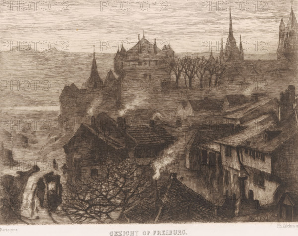 View of Freiburg (original title on object), print, printmaker: Philip Zilcken, after painting by Matthijs Maris, printer (person): Joseph Bouwens, Brussels, 1867 - 1890, printer (person), paper, chine collé, etching, intaglio printmaking technique, etching with plate tone, on chine collé, height 146 mm x width 191 mm, prospect of city, town panorama, silhouette of city, Baden-Württemberg, Freiburg, A sepia-toned etched cityscape showing a cluster of tightly packed buildings with pitched roofs and chimneys emitting pale smoke, a foreground of narrow streets and bare-branched trees, a middle-ground dominated by a fortified structure with turrets and steep roofs, and distant church spires rising above the skyline, all rendered with fine cross-hatched lines and a textured sky.