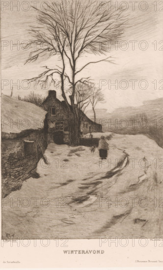 Winter evening (original title on object), print, Farms along a road with bare trees, on the road a woman with a dog., printmaker: Philip Zilcken, after painting by Anton Mauve, printer (person): Joseph Bouwens, Brussels, 1867 - 1890, printer (person), paper, chine collé, etching, drypoint, intaglio printmaking technique, etching and drypoint, with plate tone, on chine collé, height 228 mm x width 174 mm, road, path, farm (building), A monochrome etching shows a snowy rural lane curving past a dark, steep-roofed cottage partially obscured by tall leafless trees with fine, spindly branches reaching upward and outward; the cottage sits behind a low stone wall and has a chimney and a small windowed facade. A solitary figure wrapped in a cloak walks away along the snow-covered path toward the distant, misty horizon, followed by a small animal near their feet. The foreground snow bears tracks and subtle shading, the midground contains tangled bare shrubs and a low fence, and the background ...
