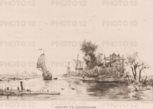 View of Delfshaven (original title on object), print, Water landscape with sailboat, windmills, a hay bale and Delfshaven in the distance., printmaker: Philip Zilcken, printer (person): Joseph Bouwens, Brussels, 1867 - 1890, printer (person), paper, chine collé, drypoint, intaglio printmaking technique, drypoint with plate tone, on chine collé, height 172 mm x width 229 mm, sailing-ship, sailing-boat, windmill in landscape, prospect of village, silhouette of village, hay-stack, Rotterdam, Delfshaven, A sepia-toned landscape sketch showing a calm waterway with a sailboat near the center left and a small rowboat beside it, distant buildings and windmills on the far shore, a densely sketched cluster of trees and foliage on the right bank with a pavilion-like structure among them, reeds and wooden posts at the water's edge in the foreground, reflected ripples on the water surface, and a mostly clear sky with faint, wispy lines.