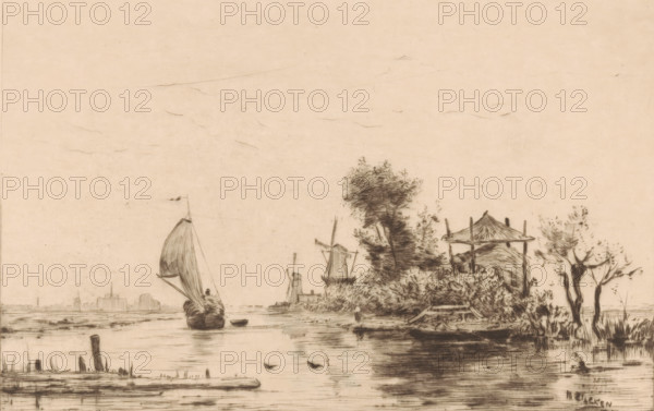View of Delfshaven, Delfshaven (original title), print, Water landscape with sailboat, windmills, a hay bale and Delfshaven in the distance., printmaker: Philip Zilcken, 1867 - 1890, paper, drypoint, intaglio printmaking technique, height 170 mm x width 230 mm, sailing-ship, sailing-boat, windmill in landscape, prospect of village, silhouette of village, hay-stack, Rotterdam, A monochrome scene shows a calm waterway with a sailboat near the center left, its sail raised and a small figure sitting toward the stern, while a small rowboat drifts nearby; the shoreline on the right features dense foliage, a cluster of trees, and a simple pavilion structure with a pointed roof supported by posts, with another sail-driven vessel and a windmill visible further back along the bank; the foreground water reflects the shore and contains a few wooden posts and floating debris, and the sky is largely empty with faint horizontal marks.