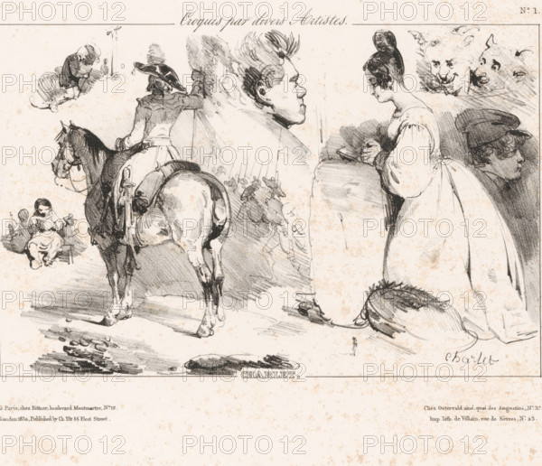 Sketch sheet with various figures and animals, Sketches by various artists, Croquis par divers artistes, print, Series number, 1, printmaker: Nicolas Toussaint Charlet, Paris, printer (person): François Jean Villain, publisher: Henri Rittner, publisher: Jean Fréderic Ostervald, publisher: Charles Tilt, London, 1830, printer (person), paper, lithography, height 239 mm x width 311 mm, riding a horse, ass, or mule, rider, horseman, one person praying, A sepia-toned sketch sheet filled with several charcoal drawings including a rear view of a rider on a saddled horse, a standing woman in a flowing dress with her hair in a bun shown in profile, a large head in profile with tousled hair, a partial face of a person wearing a cap, small figures of seated children, and two whimsical smiling faces; shading and loose strokes create shadows and texture across the figures and background.