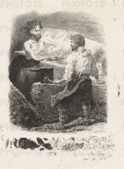 La chanson du foregeron ..., Two blacksmiths at work, print, printmaker: Célestin François Nanteuil, 1823 - 1873, paper, lithography, proof, height 352 mm x width 266 mm, smith, blacksmith, tools, aids, implements, crafts and industries: anvil, crafts and industries: hammer, fire, oven, furnace, interior of industrial structure, A monochrome ink or charcoal drawing of two bearded men facing each other across a low work surface, one seated behind the bench with a bare torso and wild hair reaching toward the other, the other standing with a loose shirt and tools tucked at his waist, leaning forward with one hand on the bench and the other holding a hammer on a stone; the scene shows textured shading for a rocky or rough interior background, detailed folds in clothing, coiled wraps around the standing man's lower legs, scattered objects on the bench, and a darker mass of rock or anvil beneath the seated figure, with smudged marks and painterly strokes around the edges of the composition.