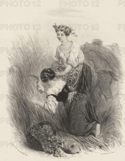 Two women harvesting wheat, print, printmaker: Célestin François Nanteuil, printer (person): Victor Jacques Bertauts, Paris, 1851 - 1865, printer (person), paper, chine collé, lithography, lithography on chine collé, probably proof, height 358 mm x width 276 mm, adolescent, young woman, maiden, harvest, container made of plant material other than wood: basket, agricultural implements: scythe, plants and herbs: reed, A pencil or charcoal drawing of two young women kneeling in tall grass, one facing forward with a wreath in her hair and a loose blouse, the other leaning forward with hair in a braided bun and holding a curved sickle-like tool, bundles of cut grain or wicker around them and a round hat or basket on the ground, soft shading suggesting sky above and dense textured vegetation surrounding the figures.