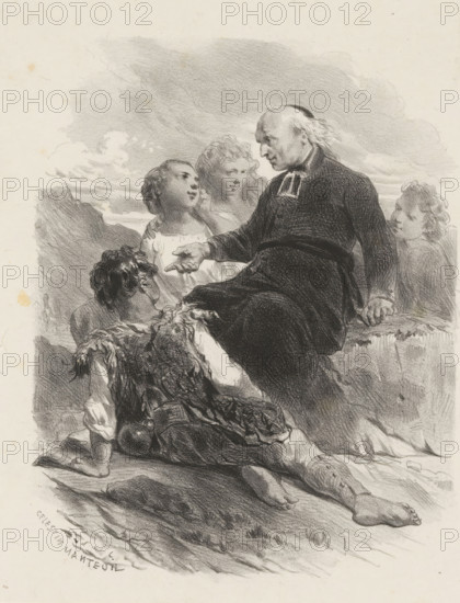 Clergyman sitting on a rock surrounded by children, print, printmaker: Célestin François Nanteuil, 1823 - 1873, paper, chine collé, lithography, lithography on chine collé, probably proof, height 359 mm x width 273 mm, child, priests, hierarchy of priests, An older man wearing a dark robe sits on a rocky ledge, his hair thin and swept back, one hand resting on the stone and the other extended toward a group of children gathered around him; the children wear simple, textured clothing with one child seated on the ground leaning on an arm and another child standing and looking up, while two more faces appear behind them; the scene is rendered in soft, detailed pencil or charcoal with shaded clouds filling the sky and rough rocky surfaces beneath the figures.