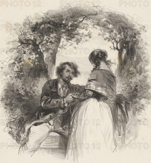 Love couple in a garden, print, printmaker: Adolphe Mouilleron, 1830 - 1881, paper, chine collé, lithography, lithography with planing technique on chine collé, height 357 mm x width 274 mm, couple of lovers, A charcoal or pencil drawing of a man seated and a woman standing in front of him under a leafy arch of trees, the man shown with curly hair and a mustache wearing a jacket and cravat while holding the woman's hands, the woman seen from the back with her hair in a bun and wearing a shawl over a dress with a full skirt, surrounding foliage rendered with dense, textured shading and branches framing the figures.