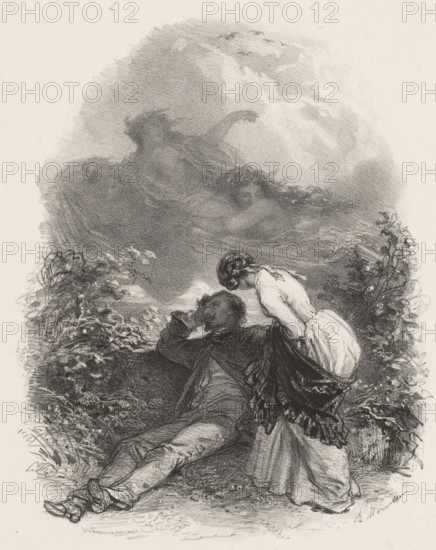 Woman bending over dreaming man outside, print, printmaker: Adolphe Mouilleron, printer (person): Victor Jacques Bertauts, Paris, 1851 - 1865, printer (person), paper, chine collé, lithography, lithography with planing technique on chine collé, height 362 mm x width 273 mm, adult woman, adult man, dream, A detailed black and white drawing shows a reclining figure lying on the ground with one arm raised toward the face and legs outstretched, clothing rendered with textured shading and boots at the feet. A second figure leans over the first, wearing a light dress with a fitted bodice and a shawl draped around the shoulders, hair pulled back. Surrounding them are dense, leafy plants and tangled foliage framing the lower sides of the scene. Above and behind the figures a large, cloudlike mass formed of soft, swirling shading fills the upper area, with suggestions of shapes and flowing lines within it. The overall composition uses varied pencil or charcoal strokes and delicate cross-hatchin...