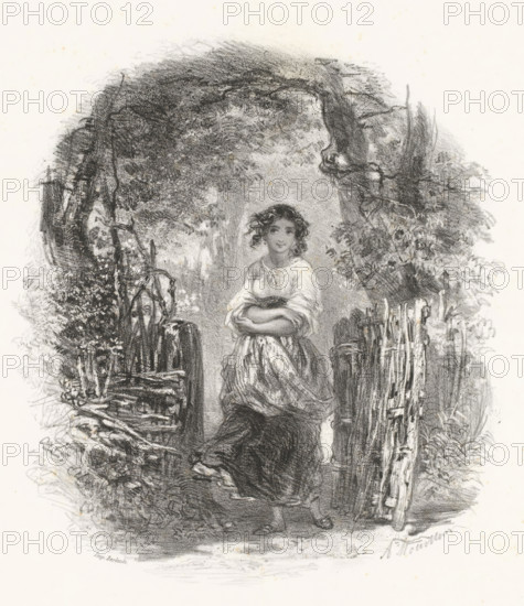 Young woman with apron walks through wooden gate, print, printmaker: Adolphe Mouilleron, printer (person): Victor Jacques Bertauts, Paris, 1830 - 1880, printer (person), paper, lithography, lithography with planing technique, height 359 mm x width 272 mm, adolescent, young woman, maiden, kissing gate, clap gate, A charcoal or pencil drawing of a young woman standing in a leafy arched grove with her arms crossed, wearing a flowing blouse and skirt, her hair loose and curly around her face; rough wooden fences and posts flank the path beside her, with dense foliage, tree trunks, and tangled branches forming a canopy overhead, and textured ground beneath her feet.