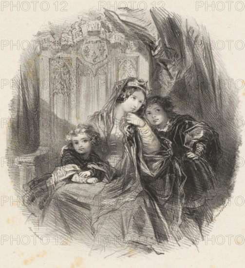 Valentina Visconti on a throne with two young children at her side, print, printmaker: Adolphe Mouilleron, printer (person): Victor Jacques Bertauts, Paris, 1830 - 1880, printer (person), paper, chine collé, lithography, lithography with planing technique on chine collé, height 359 mm x width 273 mm, On the throne is written: Rien ne m'est plus, plus ne m'est rien. Valentina Visconti is said to have used these words after what she considered the unjust handling of the murder of her husband, the French Duke Louis of Orleans, in 1407., Person, Valentina Visconti, adult woman, throne, child, diadem, tiara, A detailed pencil or charcoal drawing of a seated woman wearing a draped gown and a head covering, flanked by two children in flowing garments, all with soft, rounded faces and expressive eyes, the woman holding a hand near her chin and one child leaning close against her while the other rests an arm on her lap; behind them a carved, ornate architectural backdrop with decorative panels ...