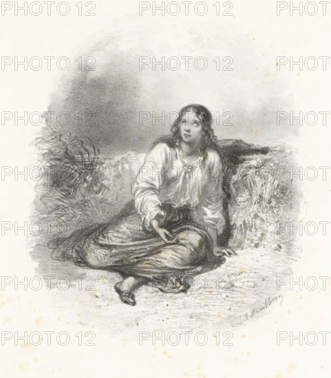 Sitting woman in nature looking up, print, printmaker: Adolphe Mouilleron, 1830 - 1881, paper, lithography, lithography with planing technique, height 359 mm x width 273 mm, adult woman (sitting), A grayscale sketch of a seated young woman with long wavy hair, wearing a loose blouse and a long skirt, sitting on a textured surface with one hand resting on her knee and the other on the ground, her head turned slightly upward and eyes looking to the side, surrounded by shaded, cloudlike background areas and foliage to one side, with visible pencil or charcoal strokes and scattered small spots on the paper.