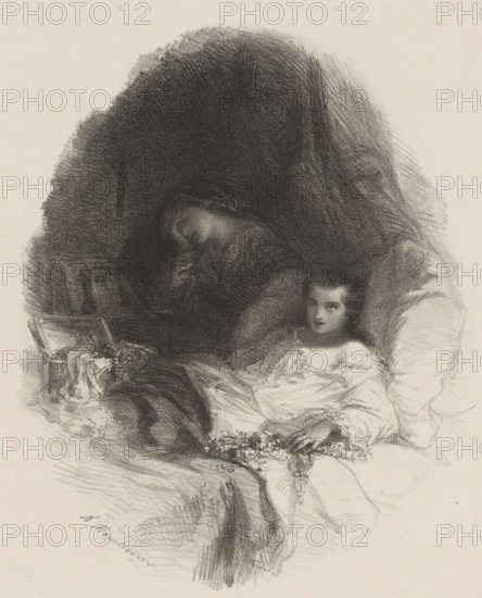 Child in white nightgown on bed, print, printmaker: Adolphe Mouilleron, 1830 - 1881, paper, chine collé, lithography, lithography with planing technique on chine collé, height 357 mm x width 278 mm, bed, child, A softly shaded charcoal or pencil drawing of two figures reclining on cushions, with one figure partially obscured by a dark, textured shadow and the other more clearly visible wearing a light, flowing garment; the visible figure has a calm facial expression, short hair, and rests an arm on a cushion while holding or touching a strand of small flowers or beads across the lap; the obscured figure leans forward with a bowed head and long hair, enveloped in dense, dark strokes that form a dome-like background, while draped fabrics and cushions with gentle folds surround them and a small rectangular object sits near the left edge.
