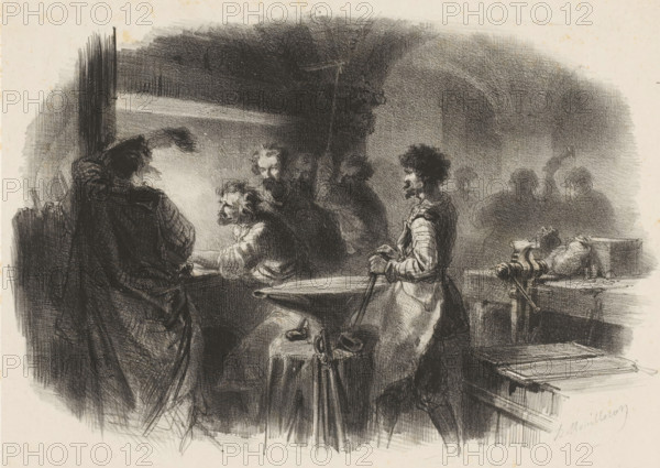 Men working in the forge, print, inscription: 'Imp Bertauts', signature: 'AM', printmaker: Adolphe Mouilleron (signed by artist), printer (person): Victor Jacques Bertauts, Paris, 1830 - 1880, printer (person), paper, chine collé, lithography, lithography with planing technique on chine collé, height 276 mm x width 350 mm, smith, blacksmith, A dark charcoal scene of an interior with several men gathered around a table and workbench, rendered in dense shading and hatching. One man stands at the right foreground holding a long handled tool and wearing layered garments, his face shown in profile with curly hair and a beard. Near the center a seated man leans on the table, hands forward, his face turned toward another figure with a beard who stands behind him. At the left a cloaked figure faces the group with a raised hand. In the background shadowy silhouettes of additional figures appear under a heavy, textured arching overhead shadow. To the right on a workbench there is a clamp or vise...