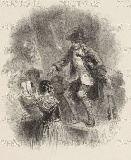 Man with violin speaks to an audience outside from a stage, print, printmaker: Adolphe Mouilleron, printer (person): Victor Jacques Bertauts, Paris, 1830 - 1880, printer (person), paper, chine collé, lithography, lithography with planing technique on chine collé, height 355 mm x width 276 mm, artist (in general) (artist at work), violin, fiddle - CC - out of doors, A monochrome sketch shows a man seated on a raised surface wearing a wide-brimmed hat and holding a violin and bow under one arm while extending his other hand toward a group of women. The man has long hair and layered clothing with visible buttons and textured sleeves, and his legs are crossed with one foot resting on the platform. In front of him stand women seen from behind and in profile, wearing head coverings and dresses with gathered skirts and patterned bodices; one woman has an arm around another. Faint background shading suggests large tree shapes and foliage behind the figures, and there is a small round stool bes...