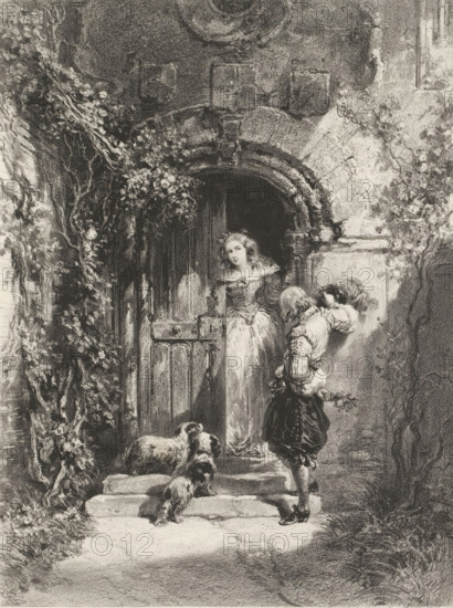 Le page, Page and richly dressed young woman at the door entrance, Contemporary artists, Les artistes contemporains, print, Series number, 41, 175, printmaker: Adolphe Mouilleron, after painting by Eugène Isabey, printer (person): Victor Jacques Bertauts, Paris, 1846 - 1853, printer (person), paper, chine collé, lithography, lithography with planing technique on chine collé, height 311 mm x width 246 mm, courting, A monochrome sketch of a stone doorway framed by climbing vines and flowers, with an arched lintel and a partially open wooden door; a young woman in a flowing dress stands in the doorway looking outward while a youth in period clothing kneels on the steps holding a bouquet and looking up at her; two small dogs stand on the steps near the youth; textured stone walls and foliage surround the scene, with shadowed ground in the foreground.