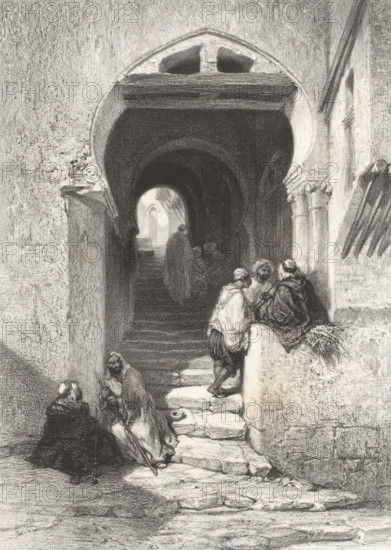 Rue du Diable (Alger), Covered street with people in Algiers, Algeria, L'orient artistique et pittoresque, Artistic and picturesque impressions of countries in the East, print, printmaker: Adolphe Mouilleron, after painting by Louis Tesson, printer (person): Victor Jacques Bertauts, Paris, 1851 - 1865, Adolphe Mouilleron, Louis Tesson, Victor Jacques Bertauts, printmaker, after painting by, printer (person), paper, lithography, lithography with planing technique, proof print, height 445 mm x width 312 mm, Series titles based on later state. The print series 'L'orient artistique et pittoresque' consists of an unknown number of prints. On the later state of this print is number 2., sloping street, street with steps or stairs, North Africa, Algiers, A grayscale scene of a stone archway leading into a dark passage with steps and a distant illuminated opening, flanked by textured walls and columns; groups of robed figures gather near the entrance, some seated on steps and ledges while other...